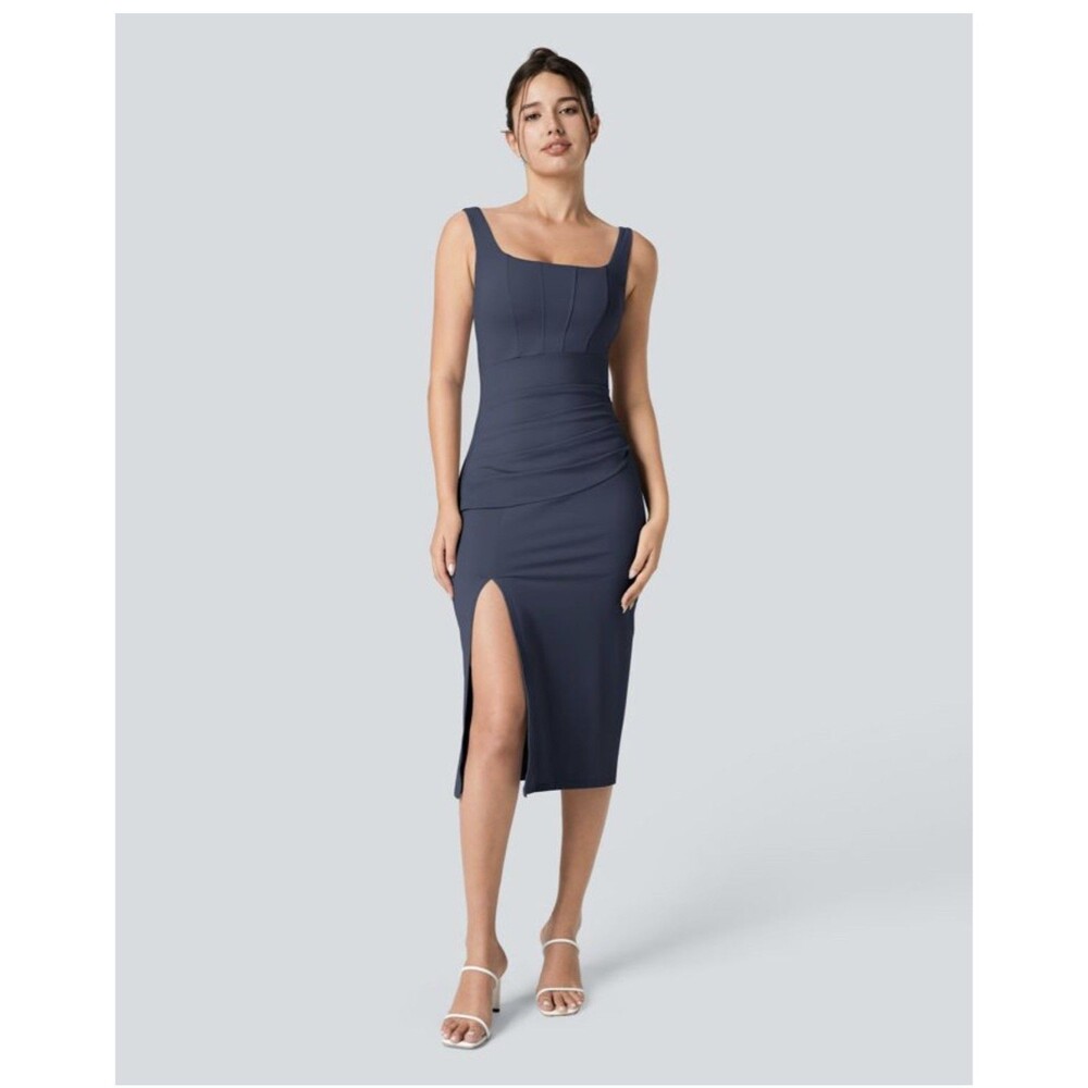 Halara SoftlyZero™ Airy Square Neck Corset Ruched Bodycon Midi InstantCool Dress